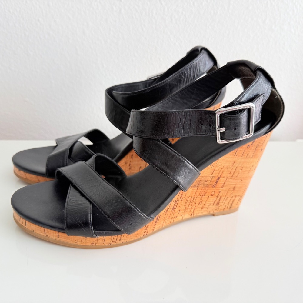 Cole Haan Black Leather Cork Wedge Sandals Strappy Ankle Logo Buckle D44089 9 B